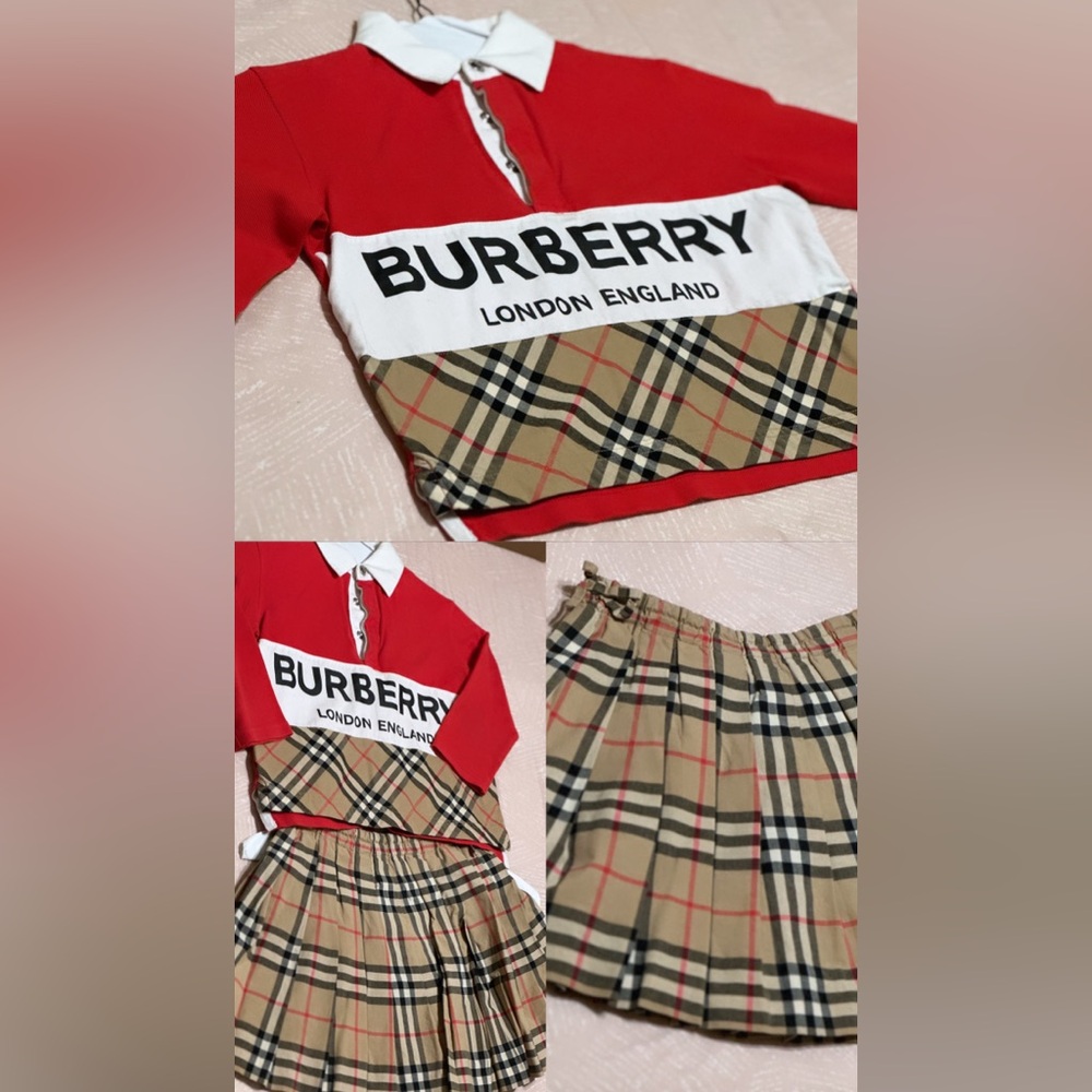 Toddler girl Burberry plaid long sleeve polo shirt with Burberry plaid skirt